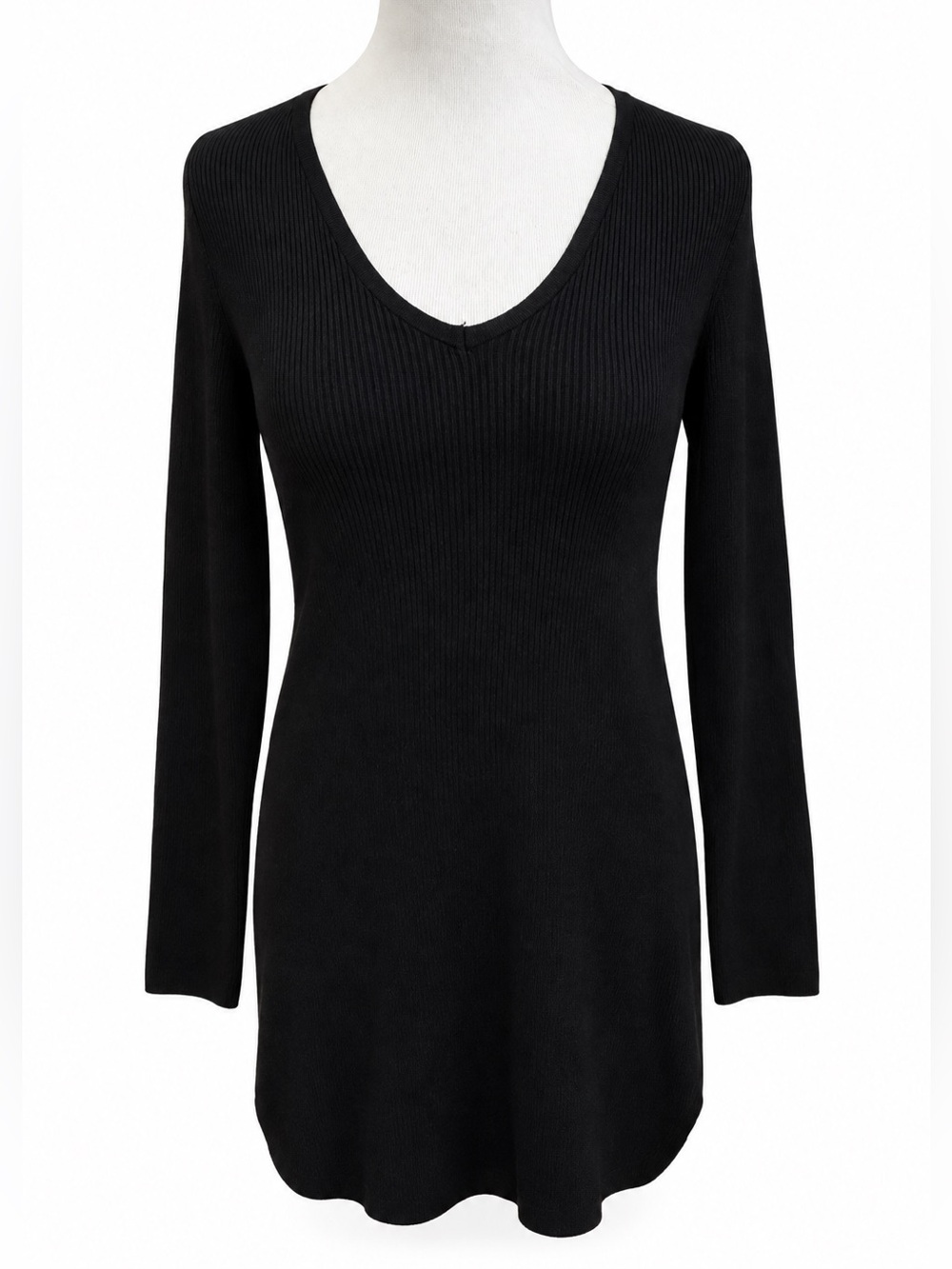 White House Black Market Black Ribbed V-Neck Long Sleeve Top